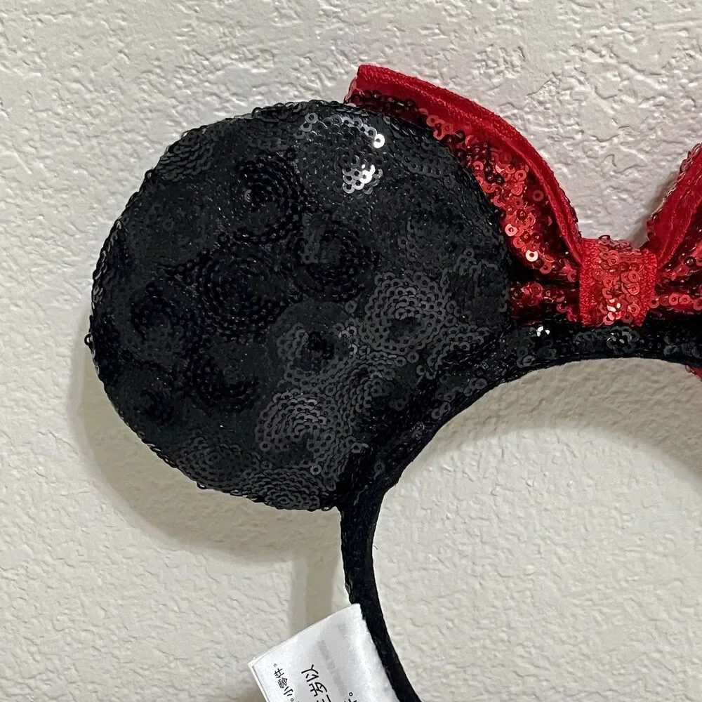 Disney Parks Minnie Mouse Ears Red Bow Black Sequin Headband
